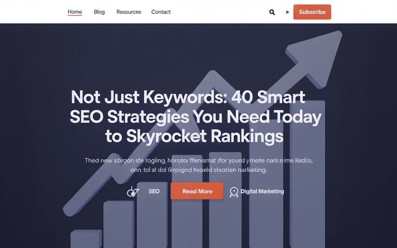 Would you like me to design an image (e.g., a book cover, social media graphic, or blog header) that visually represents this SEO theme and includes the title:
"Not Just Keywords: 40 Smart SEO Strategies You Need Today to Skyrocket Rankings"?

And let me know:

Preferred style (modern, minimal, bold, techy, etc.)

Platform or use (e.g., YouTube thumbnail, website banner, eBook cover)